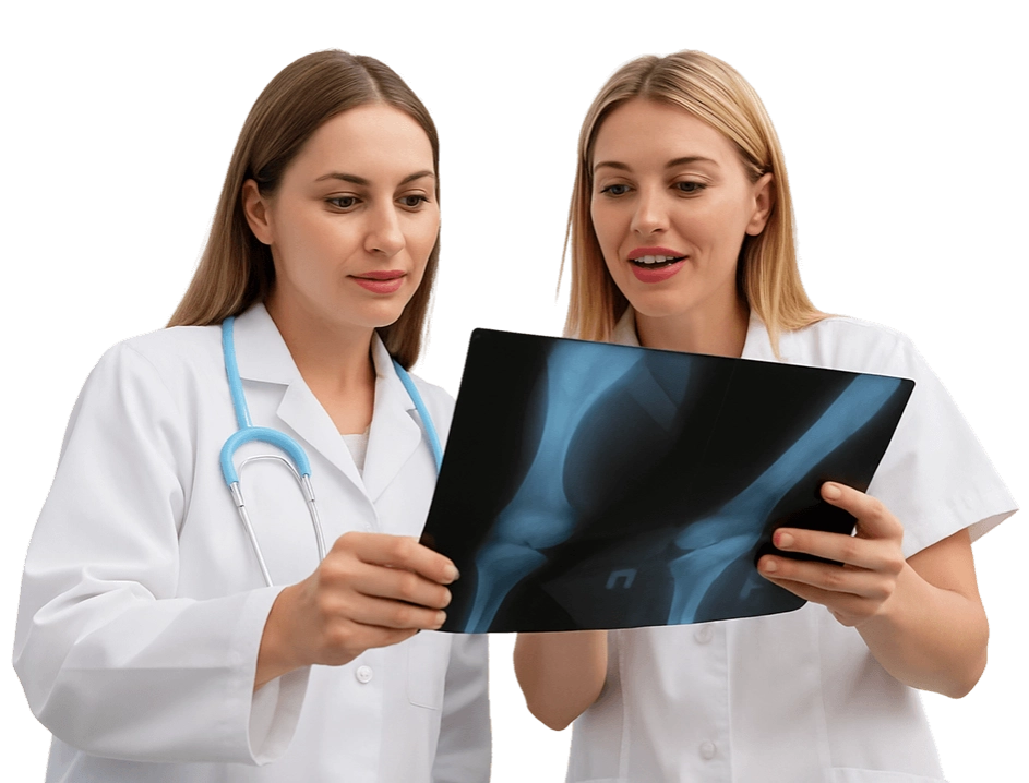 два медика рассматривают рентгеновский снимок